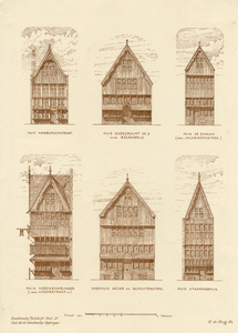 202596 Opstand van de gereconstrueerde houten voorgevel van zes huizen te Utrecht. Boven: Hamburgerstraat 5, een ...